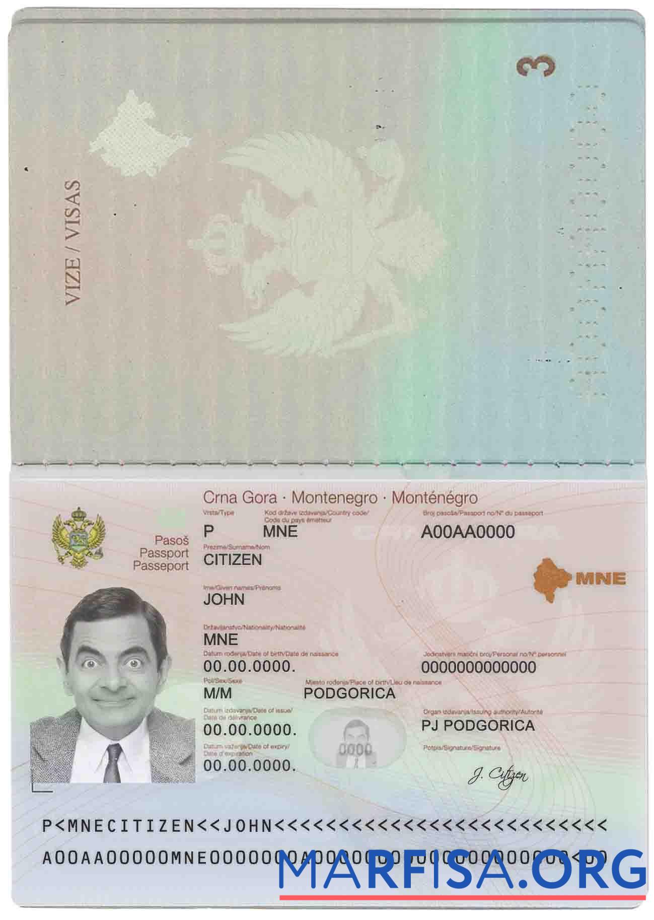 Realistic Montenegro passport sample